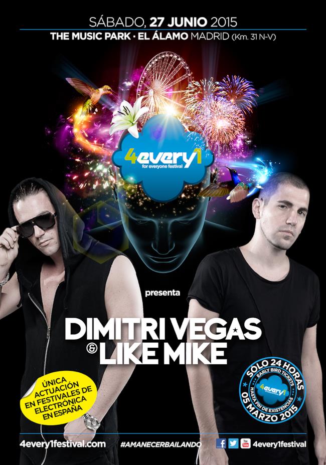 La locandina del 4every1 Festival con i primi DJ annunciati: Dimitri Vegas & Like Mike