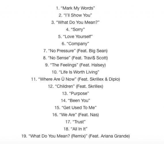 La tracklist di Purpose nella versione standard e deluxe