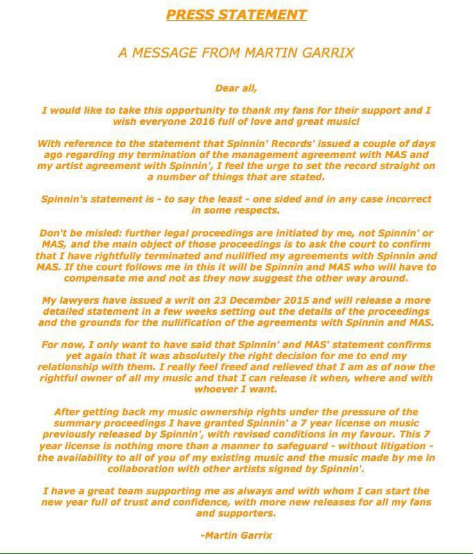 Martin Garrix Press Statement