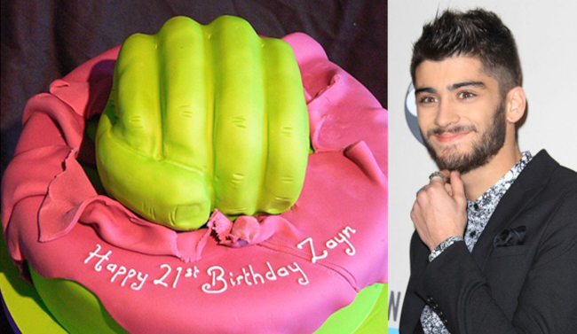 Immagine doppia con Zayn e una torta fluorescente per festeggiare i suoi 21 anni