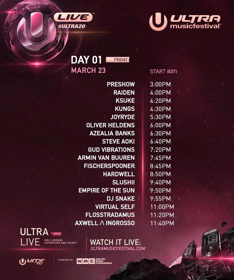 Ultra Music Festival Miami is here! View the schedule for Day 1 of the #ULTRA20 broadcast streaming live via UMF TV!