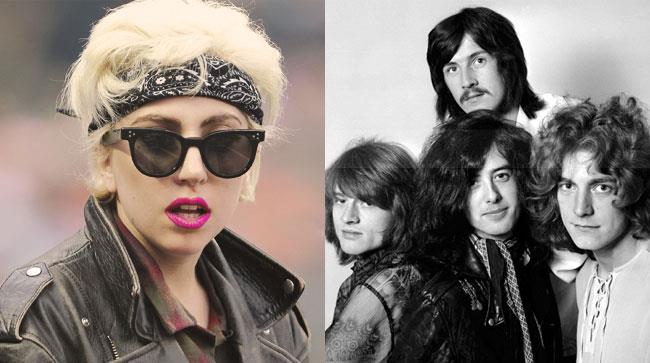 Accostamento di Lady Gaga con occhiali da sole e bandana e i Led Zeppelin