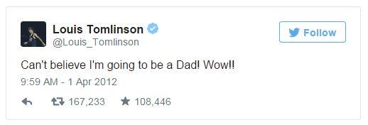 Louis Tomlinson scrive per scherzo su Twitter che diventerà padre