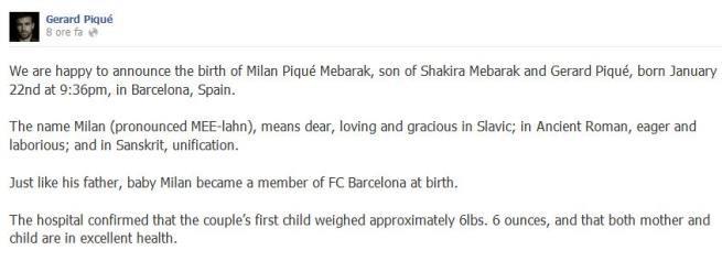 Pique e Shakira annuncio del figlio