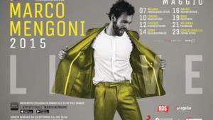 #MengoniLive2015 locandina concerto: Marco Mengoni con camicia bianca e vestito giallo