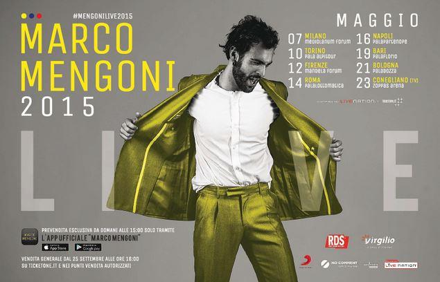 #MengoniLive2015 locandina concerto: Marco Mengoni con camicia bianca e vestito giallo