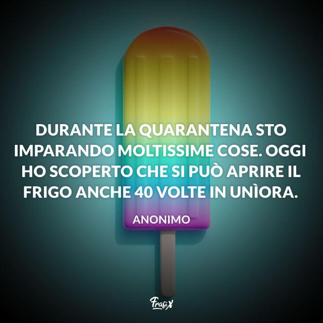 Frasi quarantena Durante la quarantena sto imparando moltissime cose. Oggi ho scoperto che si può aprire il frigo anche 40 volte in un'ora.