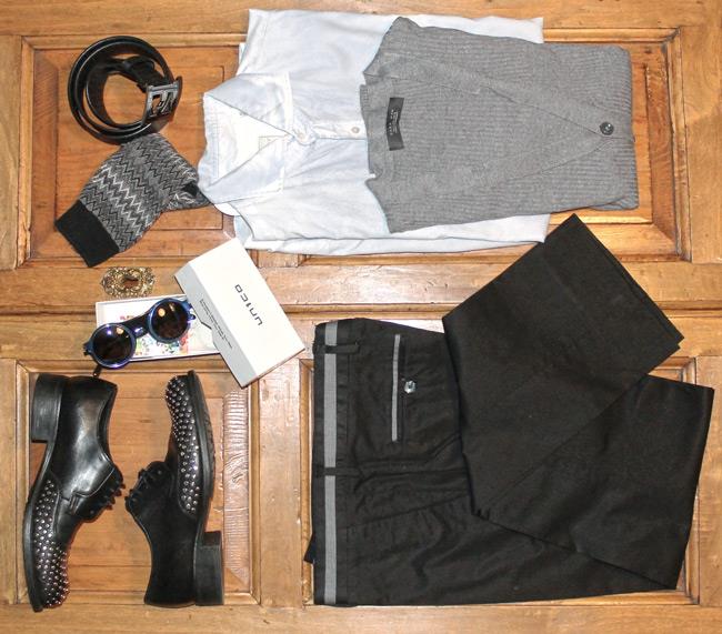 occhiale da sole Glassing, calze di Missoni, scarpe, pantalone e maglia di Zara