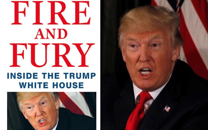 La copertina di Fight and Fury e accanto un'immagine del Presidente Trump