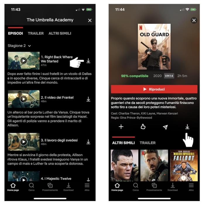 Download di film e serie TV Netflix da guardare offline Netflix, le schede di The Umbrella Academy e The Old Guard