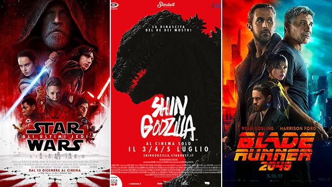 I poster dei film Star Wars: Gli Ultimi Jedi, Shin Godzilla, Blade Runner 2049
