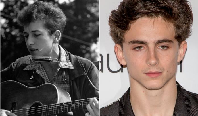 Collage tra Bob Dylan e Timothée Chalamet