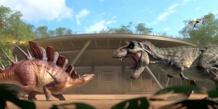 Una scena di Jurassic World - Nuove Avventure 4, Pierce e la T-Rex costretti a combattere