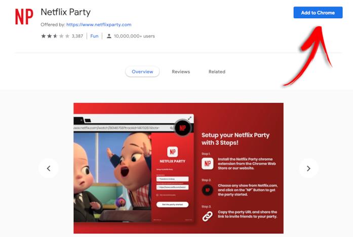 Netflix Party è disponibile nello store di Google Chrome La pagina di Netflix Party sullo store di Google Chrome