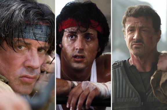 Da sinistra Stallone in Rambo II, Rocky II e I Mercenari