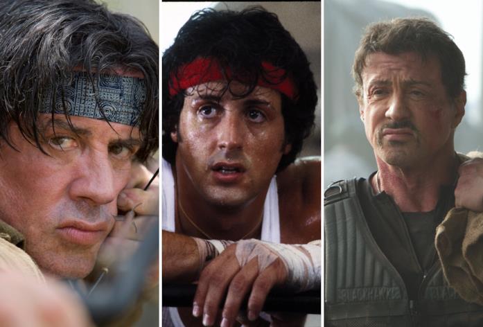Da sinistra Stallone in Rambo II, Rocky II e I Mercenari