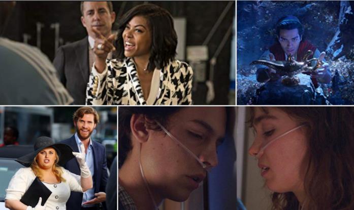 Collage tra What Women Want, Isn’t It Romantic, Aladdin, Five Feet Apart