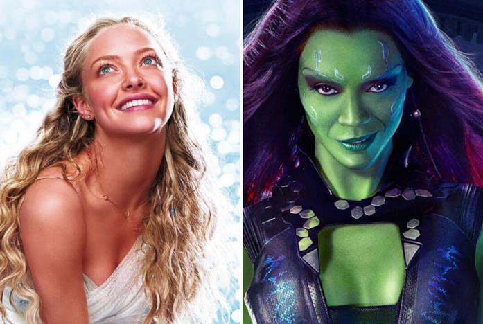 A sinistra Amanda Seyfried in Mamma Mia! e a destra la Gamora dei Guardiani della Galassia