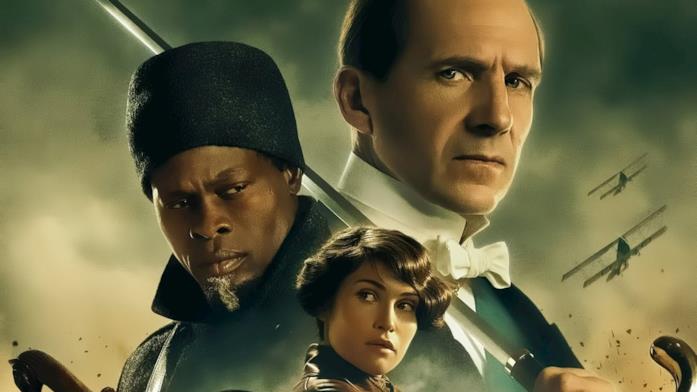 La locandina ufficiale di The King's Man - Le origini Il Duca di Oxford, insieme ad altri personaggi, con alle spalle la Guerra