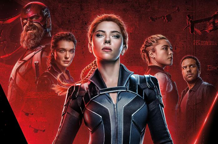Poster promozionale di Black Widow, in primo piano Scarlett Johansson