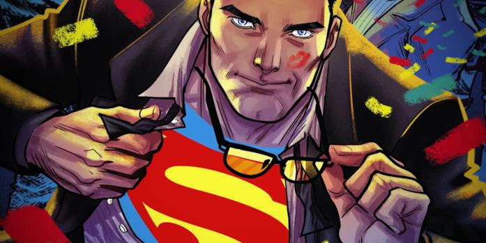 Mezzobusto disegnato di Superman/Clark Kent mentre si sbottona la camicia e si toglie gli occhiali