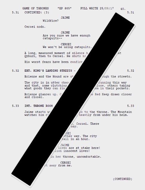 Un'altra pagina del copione dell'ottava stagione di Game of Thrones Anche questa pagina è coperta da segreto