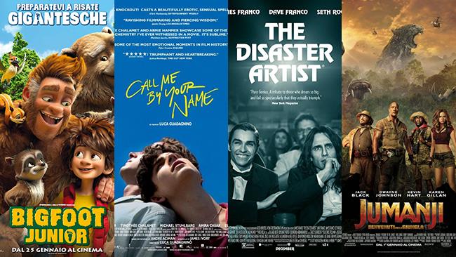 I poster dei film Bigfoot Junior, Chiamami col tuo Nome, The Disaster Artist, Jumanji 2