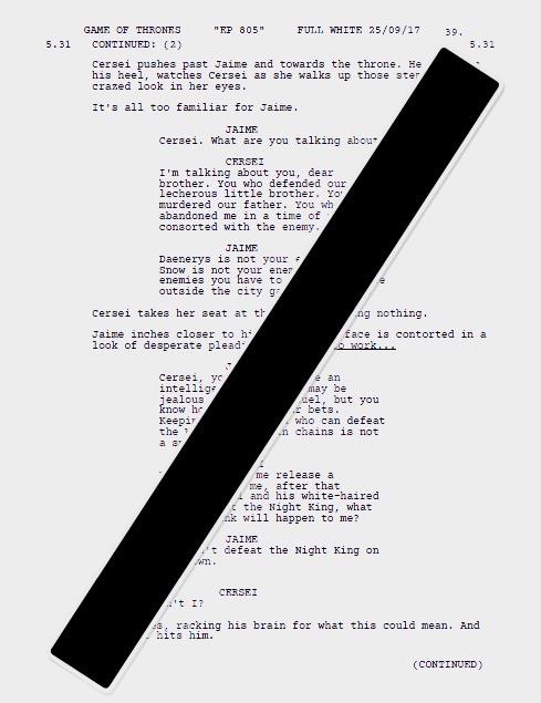 Una pagina del copione di Game of Thrones Una pagina a prova di spoiler del copione di Game of Thrones