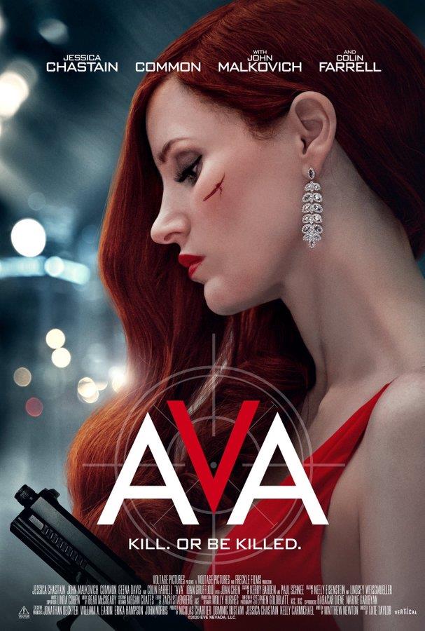 Ava il trailer del film con Jessica Chastain Jessica Chastain vestita di rosso nel poster di Ava