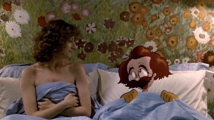 Angela Finocchiaro e Maurizio Nichetti in Volere Volare Angela Finocchiaro e la versiona animata di Maurizio Nichetti parlano a letto