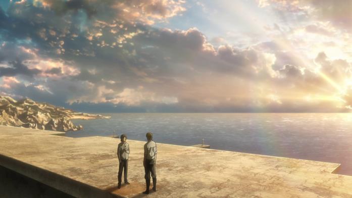 L'attacco dei giganti Eren e Grisha discutono sulle coste dell'isola di Paradis