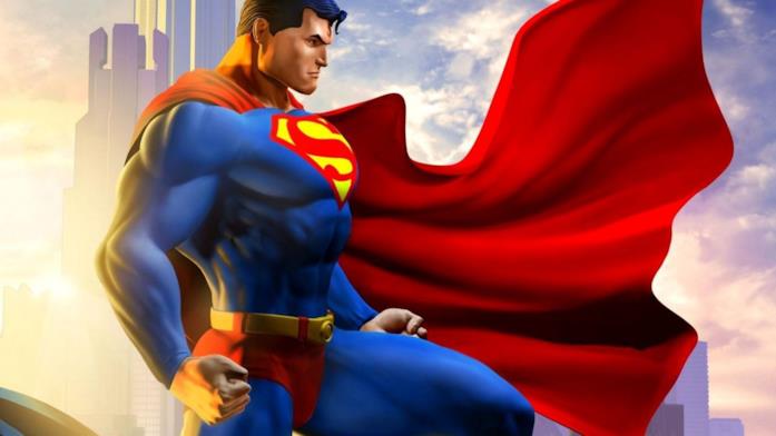 Disegno di Superman con mantello svolazzante, che si staglia contro il cielo