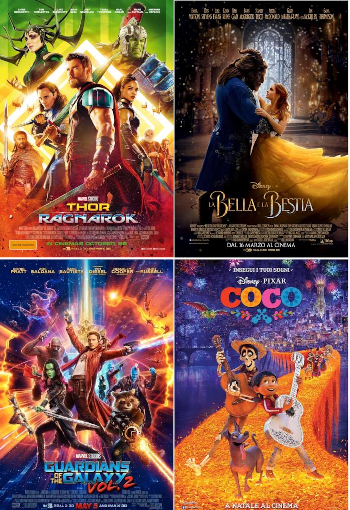 Disney: i copioni online Collae poster di Thor:Ragnarok, La Bella e La Bestia, Guardiani della Galassia Vol. 2 e Coco