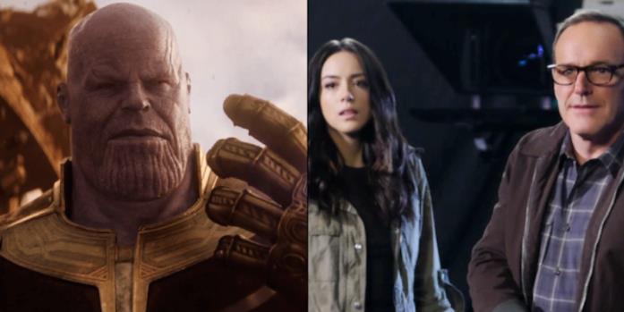 Un'immagine di Thanos contrapposta ad una di Daisy e Coulson 