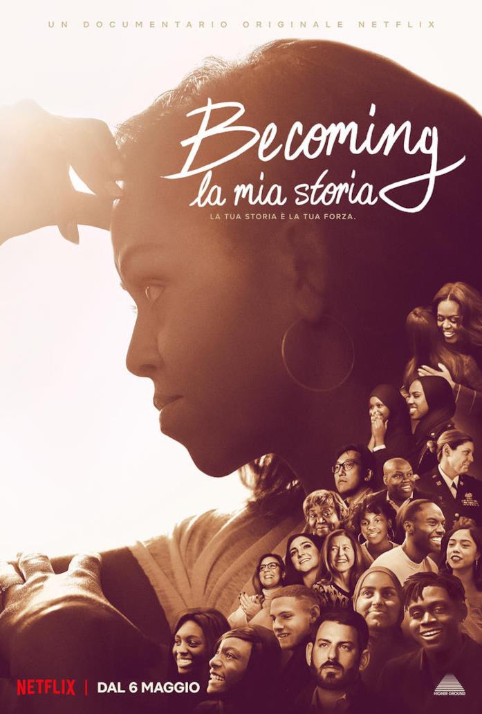 Il poster di Becoming, il documentario su Michelle Obama Primo piano di Michelle Obama di lato, nella locandina di Becoming