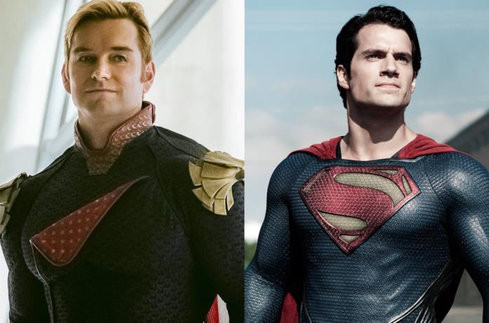 Patriota di The Boys, parodia di Superman Primi piani di Antony Starr e Henry Cavill