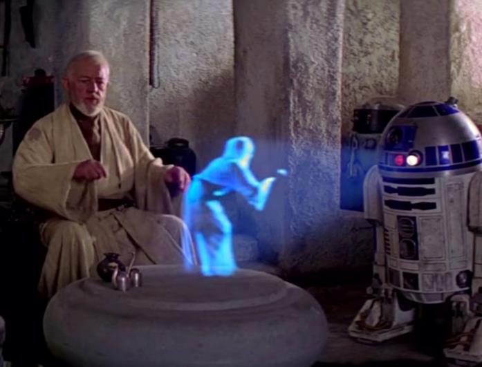 R2-D2 e l'ologramma della principessa Leia in Star Wars Episodio IV - Una nuova speranza R2-D2 proietta l'ologramma della Principessa Leia in una scena di Star Was Episodio IV - Una nuova speranza