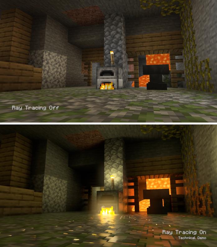 La tecnologia Ray Tracing applicata a Minecraft Screen di Minecraft senza (sopra) e con (sotto) tecnologia Ray Tracing