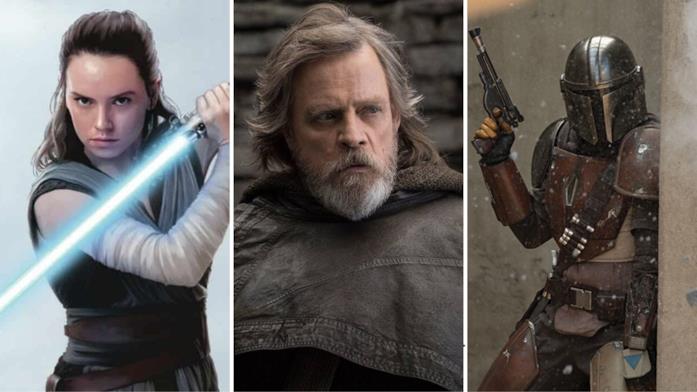 Da sinistra a destra: Rey, Luke Skywalker e il mandaloriano della serie The Mandalorian