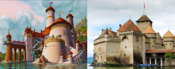 Il castello di Chillon e il castello del film La Sirenetta Il castello di Chillon e il castello del film La Sirenetta a confronto