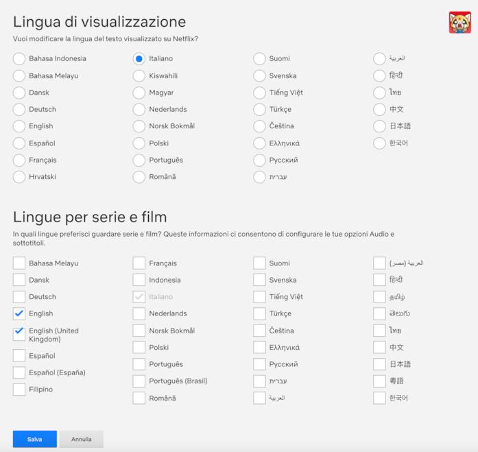 Interfaccia per cambiare le lingue di Netflix Le opzioni per cambiare Lingua di visualizzazione e Lingue per serie e film di Netflix