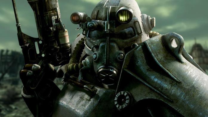 Il concept art simbolo di Fallout 3 che ritrae un'armatura atomica