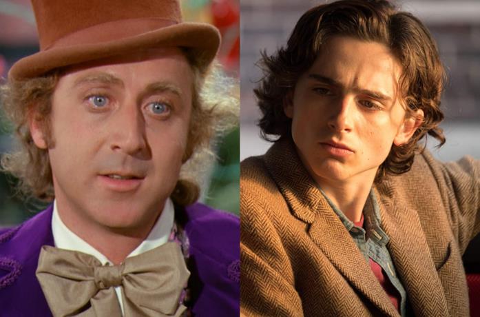 Willy Wonka nel film originale e Timothée Chalamet sul set di Woody Allen