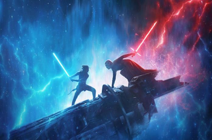 Un'immagine di Rey e Kylo mentre duellano nel poster de L'Ascesa di Skywalker
