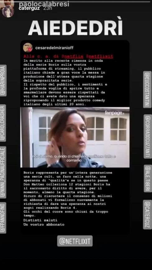 Boris 4, i fan vogliono la nuova stagione Il testo condiviso su Instagram da Caterina Guzzanti