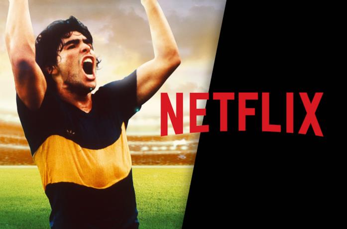Diego Armando Maradona (sinistra) e il logo di Netflix (destra)