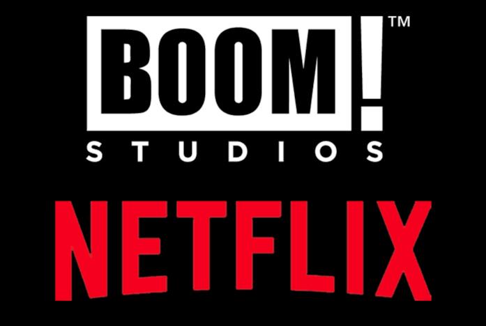 I loghi di BOOM! Studios e Netflix su sfondo nero