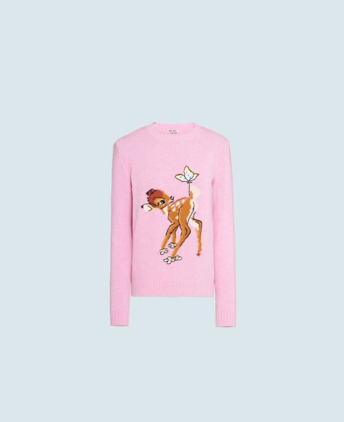 Disney x Miu Miu Pullover Bambi Il maglione rosa per la festività natalizie Disney x Miu Miu con Bambi