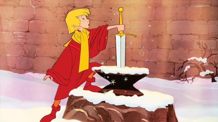 Scena del film d'animazione Disney La Spada nella Roccia dove Semola estrae la spada dalla roccia
