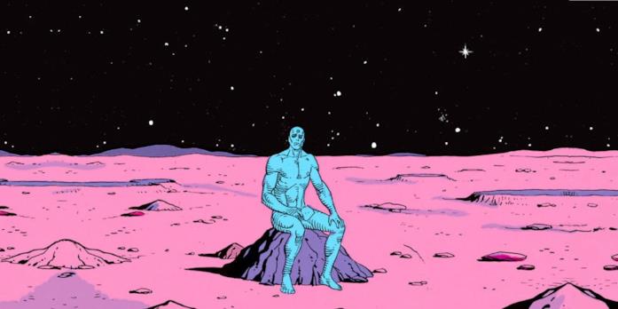 Esilio dall'Umanità di bassa lega: il Dr. Manhattan lascia la Terra e va su Marte Vignetta disegnata in cui il personaggio di Dr. Manhattan è seduto su un masso marziano